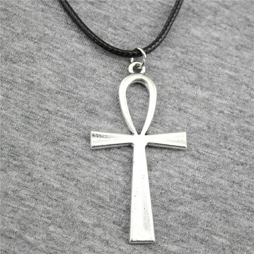 Ankh Cross Antique Silver Color 52x28mm Pendant Necklace with Leather Choker