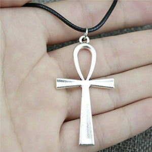 Ankh Cross Antique Silver Color 52x28mm Pendant Necklace with Leather Choker