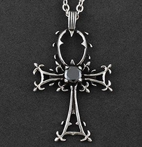 Beautiful Stylized Egyptian Ankh Pendant necklace w/black crystal