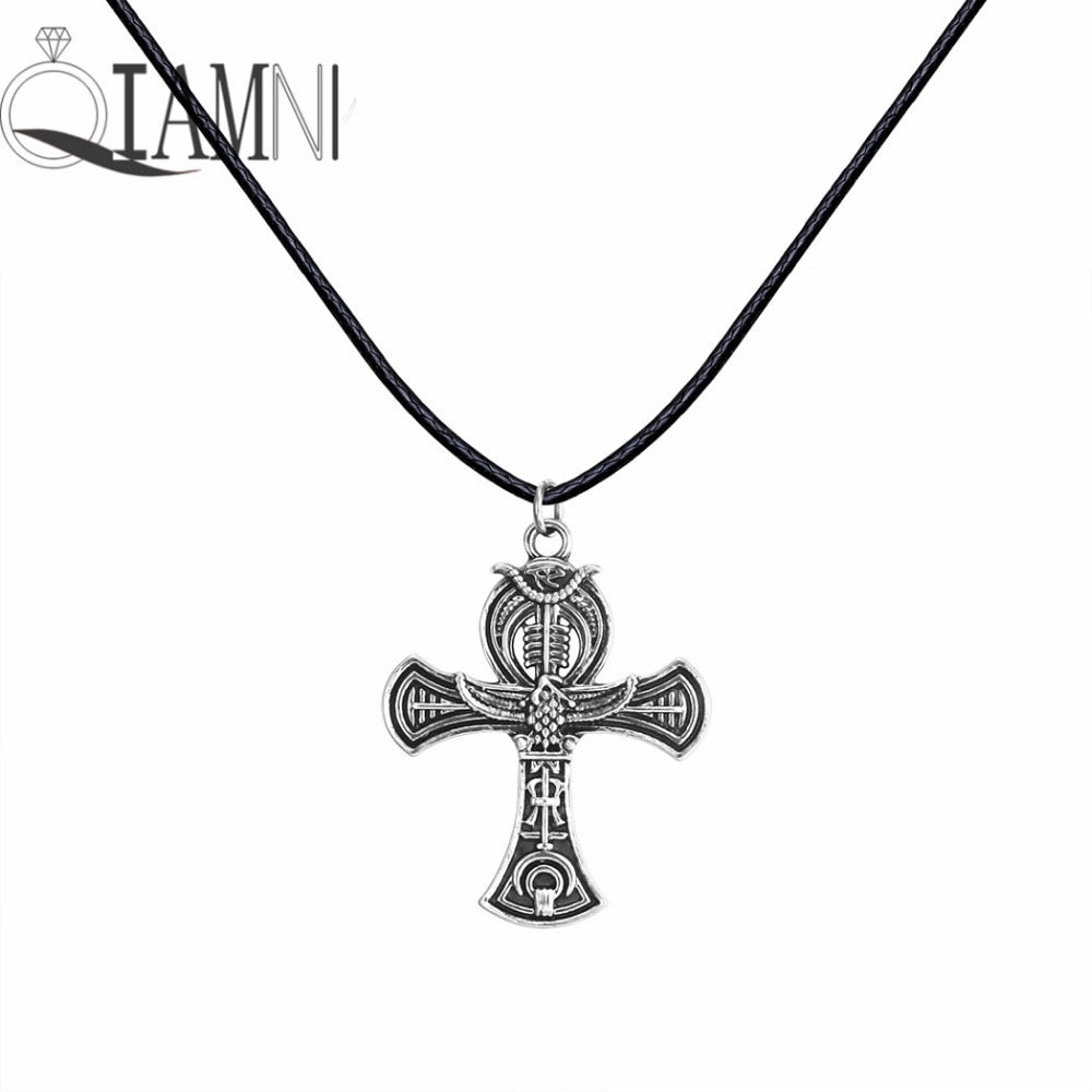 Antique Silver Egyptian Ankh Cross Chain Pendant Necklace