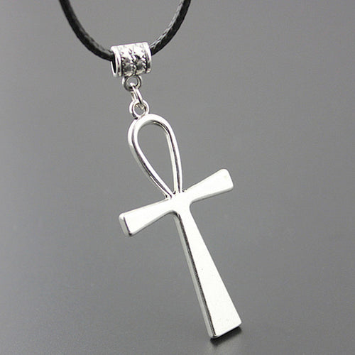 Egyptian Ankh Cross Pendant Necklace Vintage Silver with Leather Choker/cord