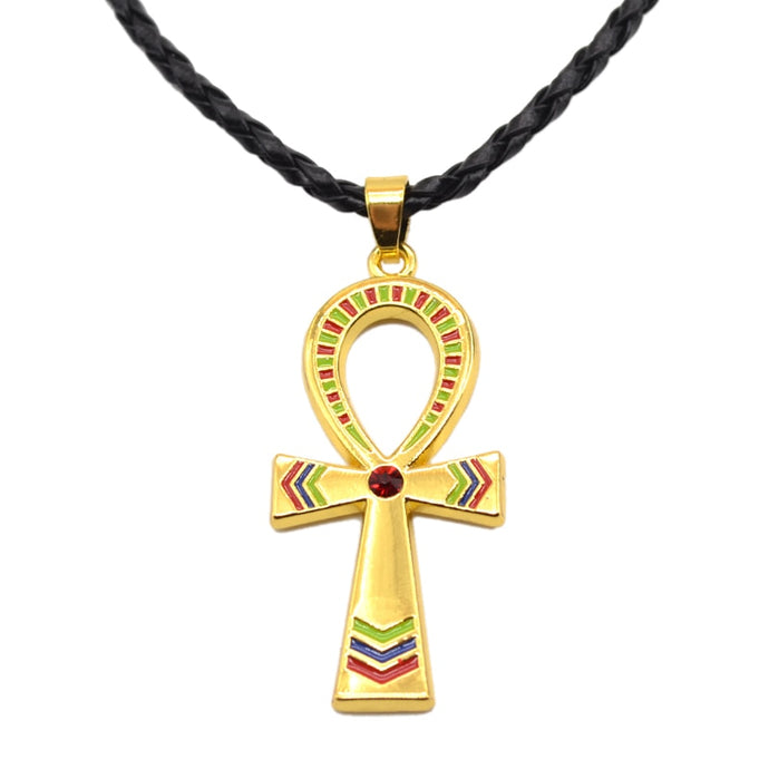 Traditional Gold Egyptian Ankh Pendant Necklace with Black Leather Cord