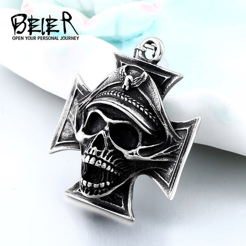 Skeleton Skull Stainless Steel Cross Pendant Necklace