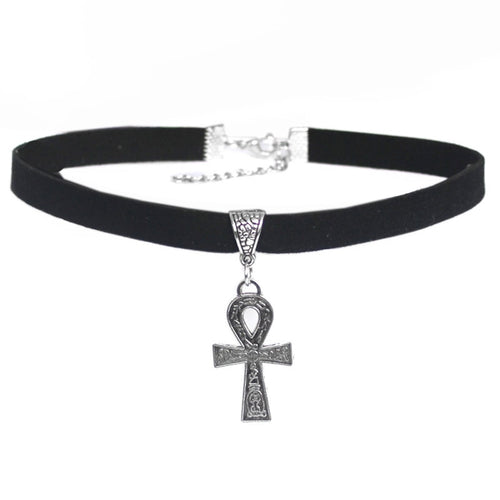 Silver Egyptian Ankh 13” Choker Necklace Black 10mm Flat Faux Suede Cord Choker Necklace 37*20MM